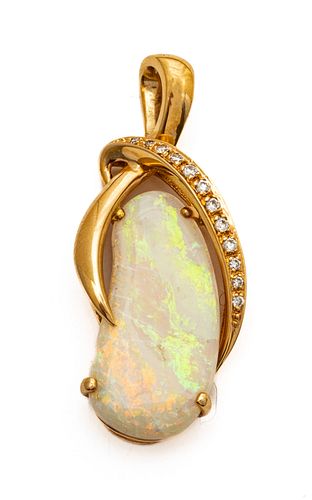 Opal, Diamond And 14K Yellow Gold Pendant, H 1.7" 7.4g