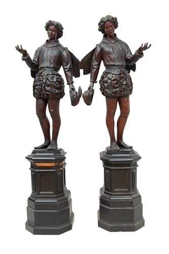 Continental Carved Walnut Monumental Figural Candle Holders, H 75" W 22" 1 Pair