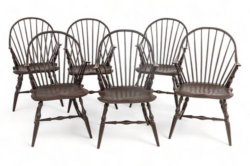 George Ainley (Perkinsville, Vermont) Windsor Style Armchairs, Ca. 1960, H 39" W 23" Depth 18" 6 pcs