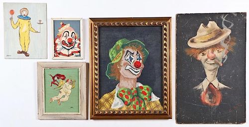 4 Clown Paintings and 1 Petit Point