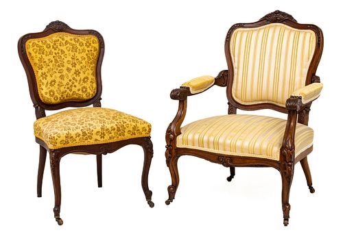 Louis XV Style Carved Walnut Bergere Armchair & Side Chair, H 36" W 25.5" Depth 26" 2 pcs