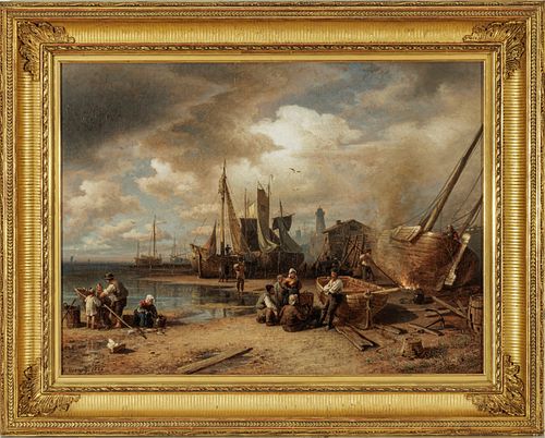 Herman Herzog (American/German, 1832-1932) Oil on Canvas Ca. 1866, Fisherman Working on Boats, H 20" W 26.62"