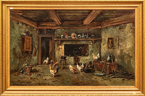 Andrew W. Melrose (Scottish-American, 1836-1901) Oil on Canvas, Ca. 1900, "Interior with Chickens", H 24" W 38"