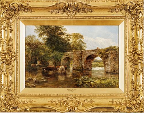 George Cole (English, 1810-1883) Oil on Canvas, Ca. 1879, "A Bridge on the Trent", H 14" W 21"