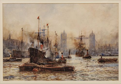Frank William Scarborough (British, 1860-1939) Watercolor on Paper "The Pool of London", H 14.5" W 21"