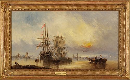 William McAlpine (British Circa 1840-1880) Oil on Canvas, "The Old Temeraire at Her Last Moorings", H 12" W 22"