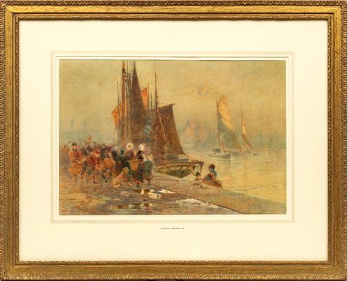Hector Caffieri (British, 1847-1932) Watercolor on Paper "Bringing in the Catch", H 14.5" W 21"