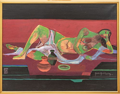 Jorleif Uthaug (Norwegian, 1911-1990) Oil on Canvas, "Reclining Nude", H 23" W 30"