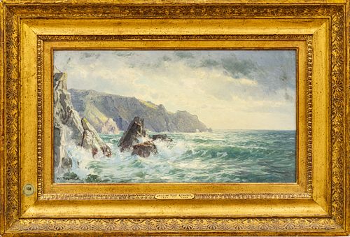 William Trost Richards (American, 1833-1905) Oil on Artist Board, 1890, "Guernsey Cliffs", H 9" W 16.25"