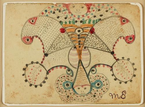Minnie Evans (1892-1987) Untitled (Butterfly, Faces)