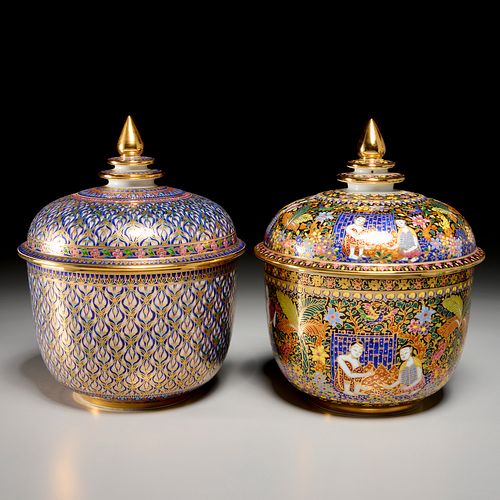Pair Thai Benjarong porcelain covered jars