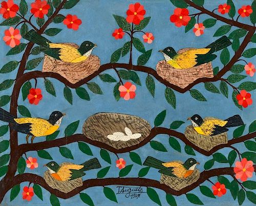 Toussaint Auguste (Haitian/Leogвne, b. 1925) Six Nesting Birds, Five Eggs, 1949