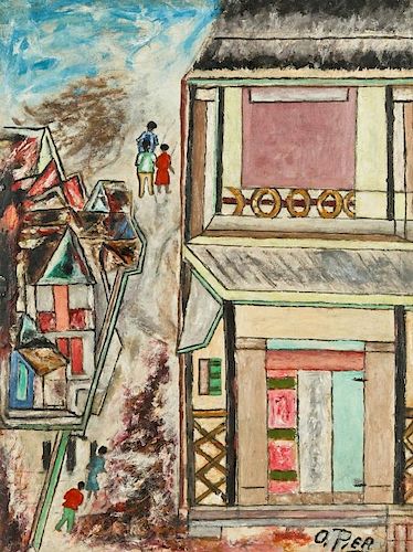 Odilon Pierre (Haitian/Port-au-Prince, 1933-1988) Figures and Architecture #1