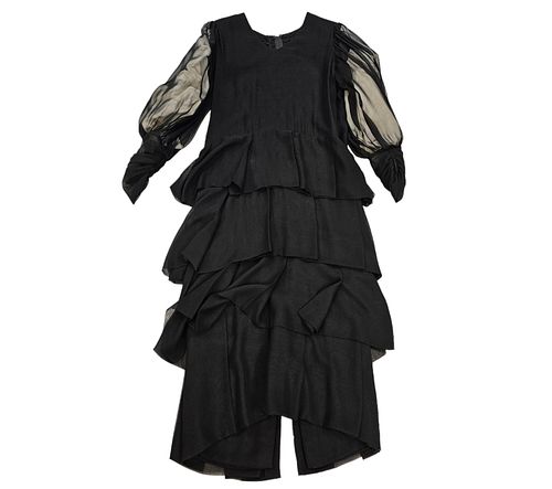 Galanos Black Silk Box Pleat Dress with Poet Sleeves