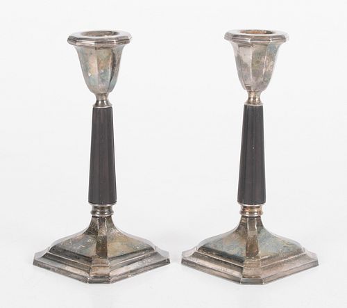 A Pair of Danish Modern Silver and Ebony Candlesticks