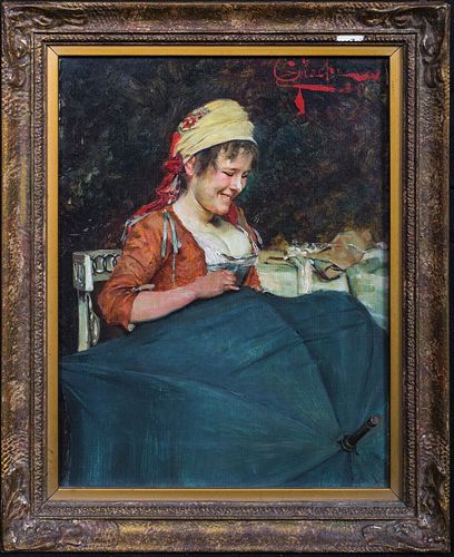  PORTRAIT OF A LADY REPAIRING A PARASOL OIL PAINTING