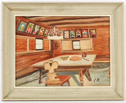 J.M. (American, 20th c.) Cabin with Paintings on Wall