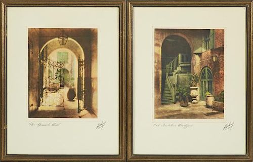 Eugene Delcroix (1892-1967), "Old Brulatour Courtyard," and "The Spanish Court," mid 20th c., pair of tinted photographs, pen