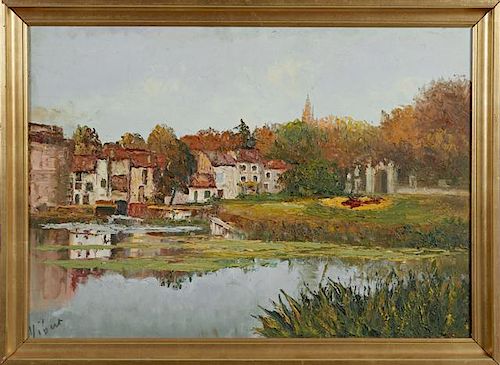 Vibert, "French Village Landscape," 20th c., oil o