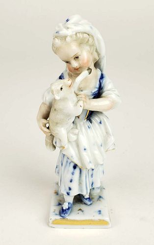 19th C. Meissen Porcelain Figure of Girl w/ Lamb
