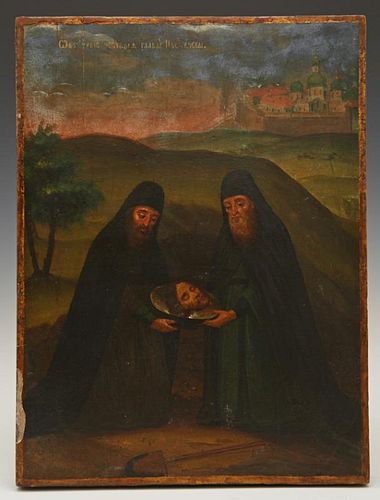 Russian Icon of Two Saints Holding the Head of St.