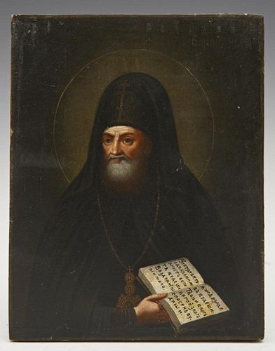 Russian Icon of Tikhon, Bishop of Voronezh, late 19th c., egg tempera on wooden panel, H.- 7 1/8 in., W.- 5 1/2 in.