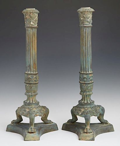 Pair of Patinated Bronze Empire Style Single Candl