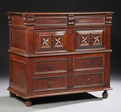 French Inlaid Carved Oak Commode, c. 1880, the rou