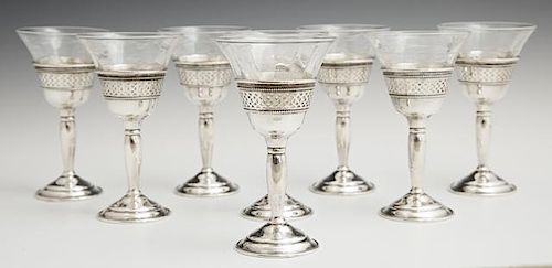 Set of Eight Etched Crystal and Sterling Sherry Gl