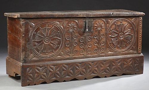 Spanish Carved Oak Coffer, early 19th c., the thic