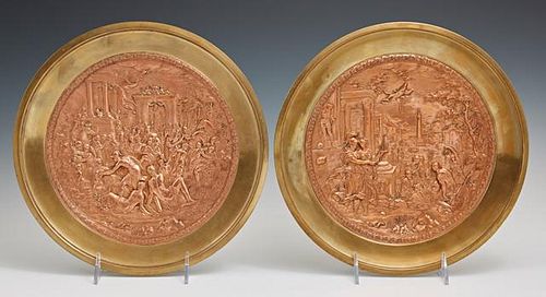 Pair of Copper and Brass Chargers, 19th c., with r