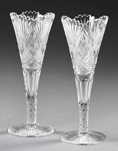 Pair of Tall Cut Crystal Trumpet Vases, 20th c., w