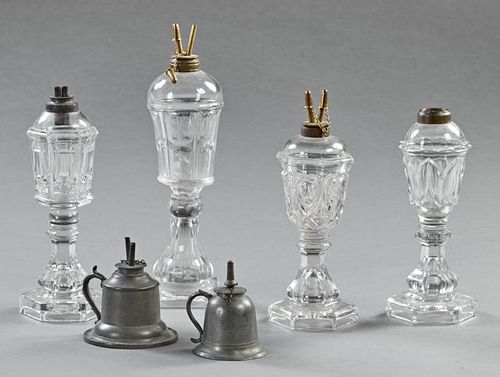 Group of Six Whale Oil Lamps, 19th c., two of pewt