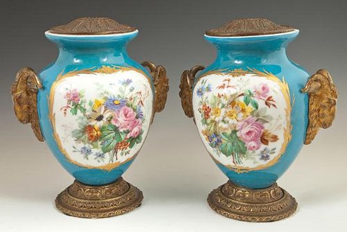 Pair of Bronze Mounted Sevres Style Porcelain Vase