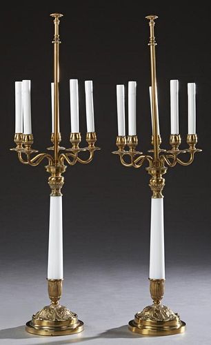 Pair of Brass Five Light Candelabra Lamps, 20th c.