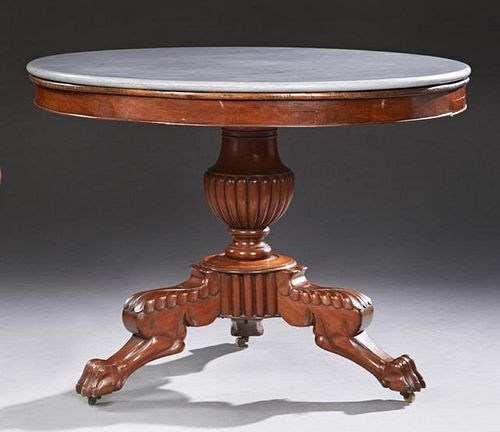 French Carved Mahogany Marble Top Center Table, c.