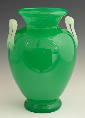 Steuben Green Jade Handled Art Glass Amphora Form