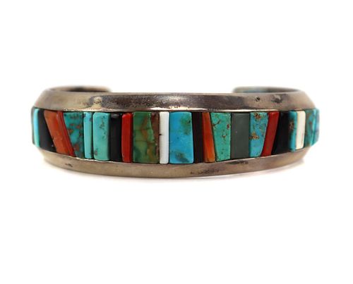 Emerson Billy - Navajo - Multi-Stone Inlay Silver Bracelet c. 1970-80s, size 7 (J15987-006)