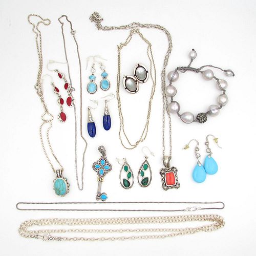 Fourteen pc Designer Sterling Silver Gemstone Earrings, Necklace