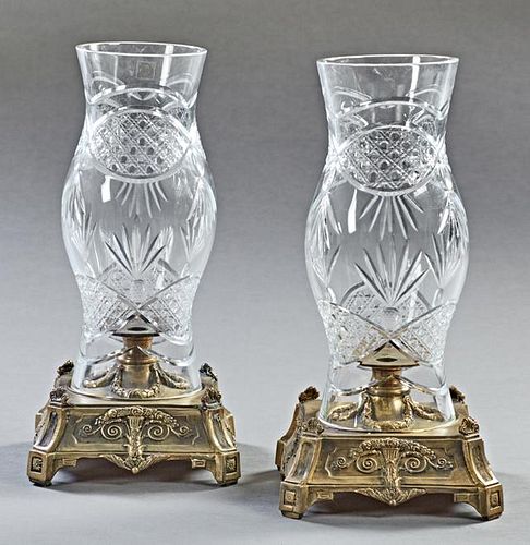 Pair of Brass and Pressed Glass Hurricane Candelab