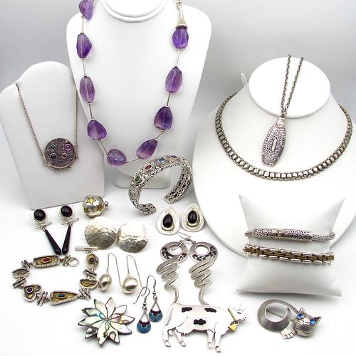 Nineteen pc Designer & Vintage Sterling Silver Gemstone Jewelry