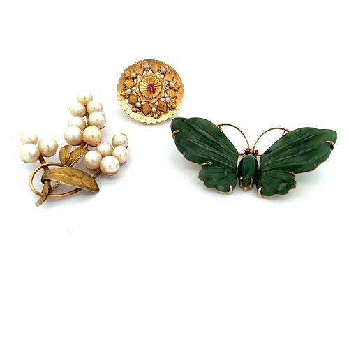 Three Vintage 14K Gold Gemstone Pins Butterfly