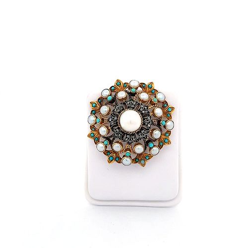 Vintage 14K Gold & Silver Diamond, Turquoise Pearl Pin
