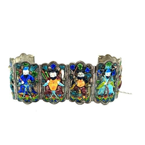 Two vintage Chinese silver and enamel jade bracelets