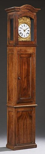 French Carved Walnut Tall Case Clock, 19th c., the