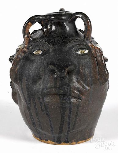 Betty Jo Cabe, triple-face stoneware jug, 8 1/2'' h.