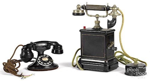 European K. T. A. S. telephone, early 20th c., 13 1/4'' h., together with a Western Electric rotary