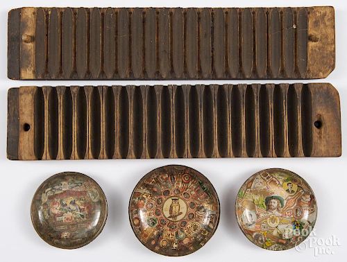 Three cigar label glass dishes, ca. 1900, largest - 6'' dia., together with a cigar mold.