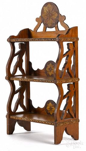 Carved and inlaid hanging shelf, 20th c., 31'' h., 17 1/2'' w.