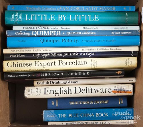 Assorted reference books on pottery, clocks, and decorative arts, approximately thirty.